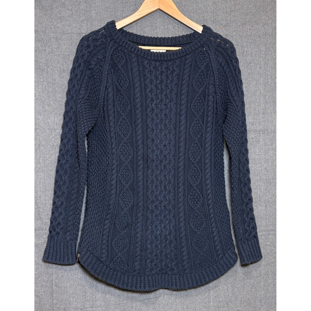 LL Bean Signature Mens Navy Blue Cable Knit Cotton Sweater Side Zip Size Small